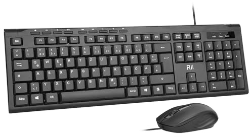 Rii Kabelgebundenes Tastatur-Maus-Set, PC Tastatur mit Kabel, Spritzwassergeschützt, Ergonomisch, USB-Anschluss, PC/Laptop, Windows/macOS, Büro/Schule - Deutsches QWERTZ Layout, Schwarz