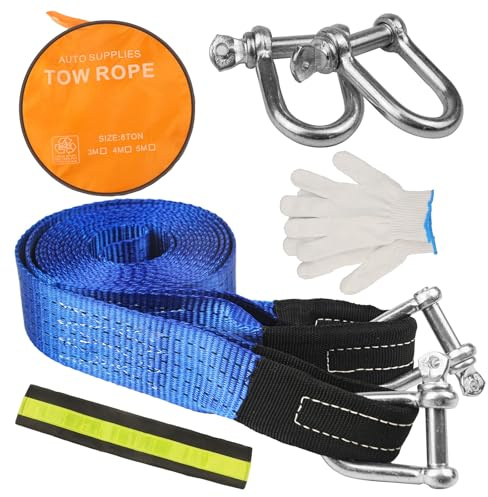 Haoledy Abschleppseil Pkw 5m x 5cm, Abschleppstange für Pkw 8 Tonnen(17,636 LBS), Kinetisches Abschleppseil Offroad Zubehör Set, mit 2 Verstärkten Haken & 2 Handschuhen & 2 Aufbewahrungstasche