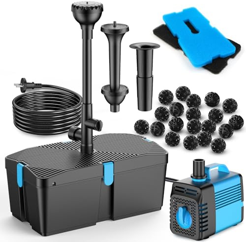 Teichpumpe mit Filter und Springbrunnen Set, 60W 3100L/H Teichpumpe und Filter-Kit, Teichfilter für Außenteiche, sauberer Koi-Teichfilter