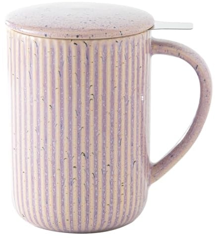 Yundu 470ml Keramik Flamme Teetasse mit Deckel und Sieb, Gestreifte große teebecher - Flambe Pueple
