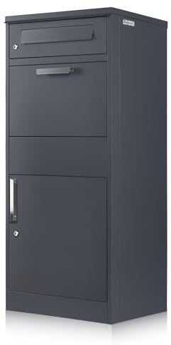 Zelsius Briefkasten mit Paketfach Neptun | pulverbeschichteter Stahl mit Edelstahl Elementen | RAL7016 Anthrazit | integrierte Rückholsperre | Bodenmontage | Paketbriefkasten, Paketbox, Parcel Box