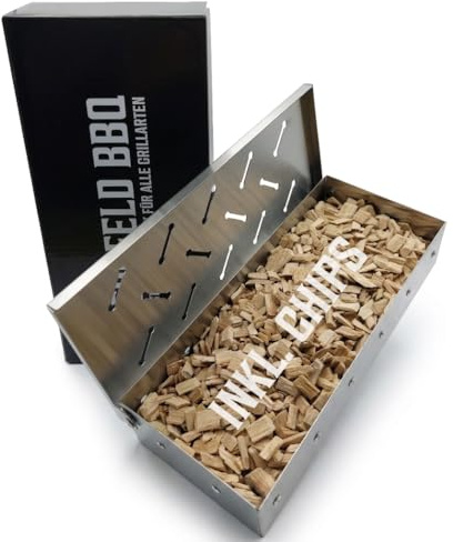 Bergfeld BBQ – Räucherbox inkl. Räucherchips für alle Grillarten – Smokerbox aus robustem Edelstahl zum Grillen – BBQ-Aroma für Fleisch, Fisch & Gemüse (Größe: 22 x 9,5 x 4 cm)