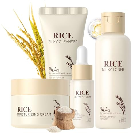 Reis Gesichtspflege Skincare Set 4pcs, Rice Pflegeset Damen Skin Care Glättet die Haut, Beauty Set Frauen Tiefe Feuchtigkeit, Beruhigende Pflegeset Damen mit Reiniger, Rice Toner, Face Cream, Serum