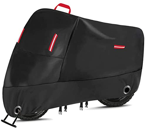 300D Motorradabdeckung Wasserdichten Outdoor Motorrad Abdeckplane Oxford Abdeckhaube Motorradplane Schutzhülle mit 2 Schlossloch & 4 Reflektionsstreifen für Honda Kawasaki Yamaha ( XL 230*95*125cm)