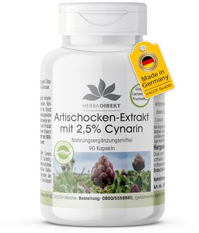 Artischocken Extrakt Kapseln, 90 Kapseln, hochdosiert, 1050mg Artischocken-Extrakt pro Tagesdosis, vegan, 2,5% Cynarin, HERBADIREKT by Warnke Vitalstoffe, Deutsche Apothekenqualität
