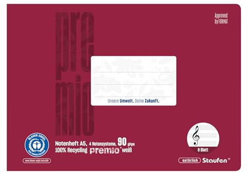 Staufen premio Notenheft - 5 Musikhefte je 8 Blatt, Lin N, DIN A5 quer, 90 g/m², 4 Notensysteme