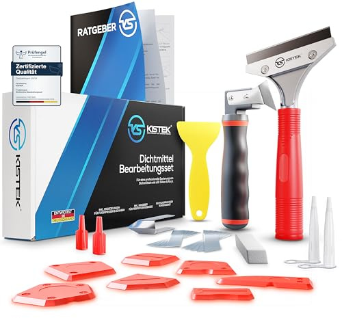 KISTEK® Silikonentferner Set [26-teilig] - Profi Werkzeug zum Silikon entfernen inkl. 10 Klingen, 7 Silikon Abzieher, Dichtmittel Set inkl. Fugenglätter, Fugenmesser & Reinigungsgummi