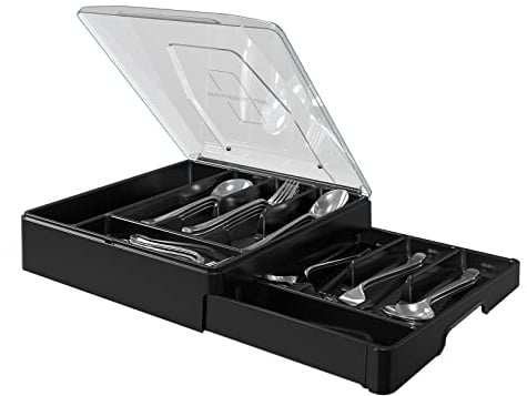 Veimry Doppelschichtiger Besteckkasten mit Deckel, Utensilienhalter für Arbeitsplatten-Besteck-Organizer für Küchenschubladen mit 2-stöckigem Besteckkasten und 9 Fächern (Schwarz)