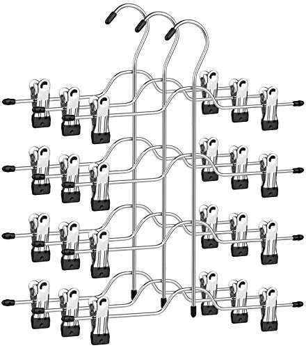 SONGMICS Hosenbügel platzsparend, Mehrfach-Rockbügel mit Clips, 3er Set, Kleiderbügel aus Metall, für je 4 Hosen, mit 8 verstellbaren Klammern, rutschfest, für Hosen, 32 cm, silbern-schwarz CRI042BK