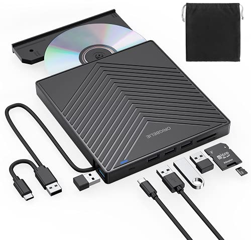 ORIGBELIE Externes DVD Laufwerk, ultraflacher CD-Brenner USB 3.0 mit 4 USB-Anschlüssen und 2 TF/SD-Kartensteckplätzen, Plug-and-Play Externes CD Laufwerk für Laptop Mac, PC Windows 11/10/8/7 Linux OS
