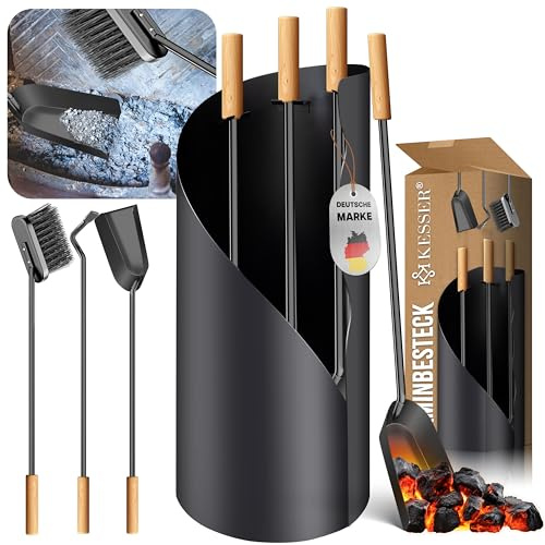 KESSER® Kaminbesteck Set XXL Gusseisen Kaminzubehör, Kaminholz Besteck, Stahl beschichtet, Hochwertige Kamingarnitur + Besen, Kehrschaufel, Schürhaken, Gusseisen Ständer, Holz Griffe, Anthrazit
