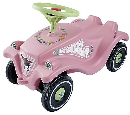 BIG-Bobby-Car Classic Flower - Kinderfahrzeug mit Blumenaufklebern für Jungen und Mädchen, belastbar bis zu 50 kg, Rutschfahrzeug für Kinder ab 1 Jahr, pastell rosa, grün