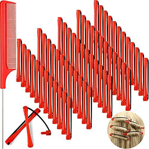 60 Stücke Haar Dauerwelle Stangen Kurze Kalte Wellen Kunststoff Dauerwelle Lockenwickler mit Stahl Spießente Kamm Rattenschwanz Kamm für Friseur Styling (Rot, 0,2 Zoll)