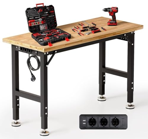 TLGREEN Schwerlast Werkbank Verstellbare, 122cm Werktisch aus Gummibaumholz | Arbeitstisch mit Steckdose & Stecktafel, Garagetisch 5-stufig Höhen,907kg Tragkraft, Workbench für Werkstatt Büro