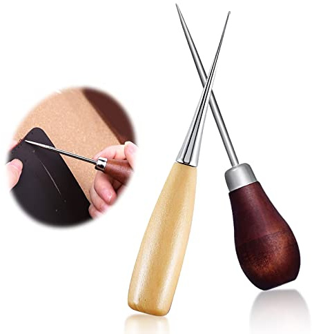 2 Stück Vorstecher Mit Holzgriff, Nähaehle mit Holzgriff Locher Lederverarbeitung Nähe Aehle Leder Prickelnadeln zum Nähen von Leder für DIY Handwerkzeug