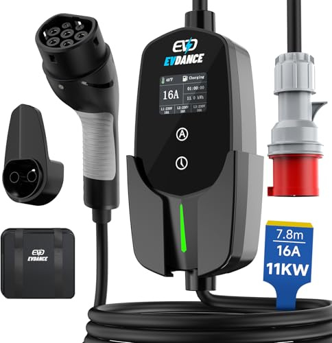 EVDANCE Mobile Wallbox/Ladestation 11kW [3-phasig|7.8m|6-16A] Typ 2 Ladekabel CEE 16A auf Typ 2 mit Einstellbarer Ladeleistung für Elektroauto, Schwarz