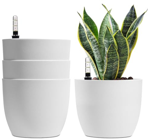 T4U 18cm Selbstwässernder Blumentopf mit Wasseranzeiger Weiß Blumentopf Set 4er-Set, Selbstbewässerung Wasserspeicher Pflanzgefäß Übertopf für Innen- und Außenbereich