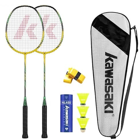 Badminton Schläger Set 2, Profi Badmintonschläger mit 3 Federbälle, 1 Schlägertasche, 2 Federballschläger für Sport und Unterhaltung - Gelb/Grün