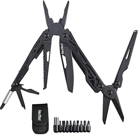 NexTool Black Knight 11 in 1 Multitool Zange mit 9 Schraubendreher Bits | Faltbares Edelstahl Multifunktionswerkzeug mit Messer, Schere, Flaschenöffner und Holzsäge, Nylontasche, Geschenke für Männer