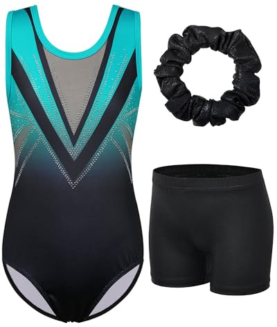 ZNYUNE Mädchen Turnanzug mit hose Haarband Set gymnastikanzug Kinder Shorts trikot turnen Ärmellos/Langarm Kleidung klassisch Turnbody B293 BlackGreen 14A