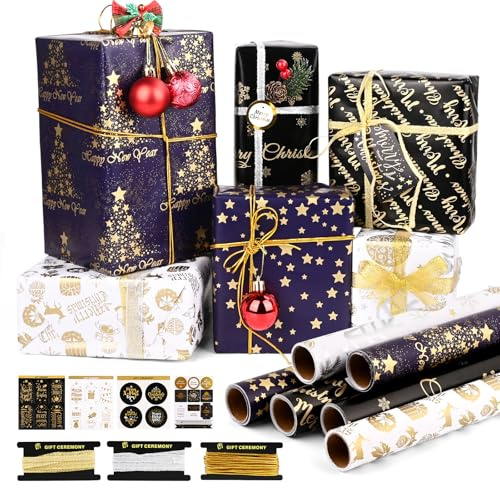 6 Rollen Geschenkpapier Weihnachten, GuKKK 43 x 300cm Schwarz Weiß Geschenkpapierrolle, Weihnachtsgeschenkpapierrolle mit Aufklebern und Schleifenband, Weihnachtspapier Set für Geschenkverpackung (A)