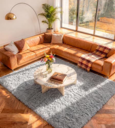 ROHATIM Teppich Wohnzimmer 160 x 230 cm grau Waschbar Rutschfester Hochflorteppich Kinderzimmer Schlafzimmer Flauschiger Teppiche
