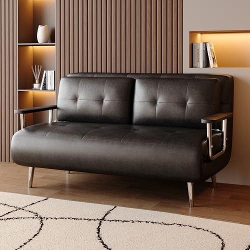 Schwarzes Lederoptik-schlafsofa, modernes Sofa mit Schlaffunktion, Couch mit Klappmatratze und Metallfüßen, vielfältig einsetzbar für Wohnzimmer, Schlafzimmer & kleine Räume（150cm） (schwarz)