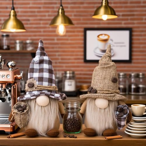Sunshine Smile 2 Stück Kaffee Wichtel,Frühling Sommer Wichtel,Herbstdeko Wichtel,Figuren Frühling Kaffeebar Deko,Figuren Dekoration Frühlingdeko,Bauernhaus Decorations Zubehör für Home Küche