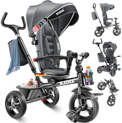 KIDIZ® Dreirad 6in1 Kinderdreirad mit Schubstange Lenkbar ab 9 Monaten bis 25Kg Jogger vorwärts & Rückwärtsfahrt, Korb Tasche Getränkehalter Sonnendach Gummiräder Buggy Fahrrad Baby Klappbar Grau