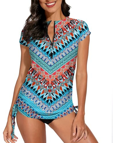 BesserBay Damen Rashguard Gedruckt UV Shirts mit Rundhals Topteil Fitness Badeshirt UPF 50+ Aqua L