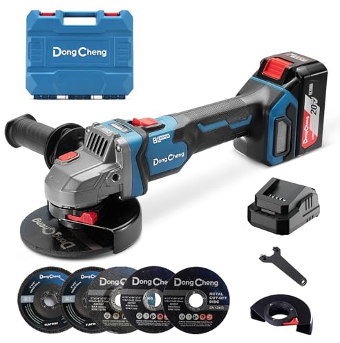 DongCheng Akku-Winkelschleifer 18V, Ø 125mm, 1000W, bürstenloser Motor, 3 Drehzahlstufen, Schnellspannschutz, Anti-Vibrationsgriff, inkl. 2 Schleif-, 2 Fächer-, 2 Trennscheiben, 4.0Ah Akku & Ladegerät