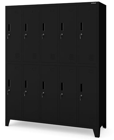 Jan Nowak Umkleideschrank 5B2A Spind Spint Schließfachschrank Metallschrank mit 10 Fächern Etikettenhalter Lüftungsschlitze Metall Pulverbeschichtet 172 cm x 136 cm x 45 cm (Schwarz)
