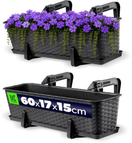KADAX Blumenkasten 60 cm, ca. 12L Anthrazit mit Halterungen & Untersetzer, Rattan-Optik – Pflanzkübel für Balkon oder Terrasse, robuster Balkonkasten