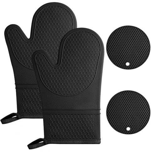AUAUY Ofenhandschuhe Set, 1 Paar Silikon Ofenhandschuhe mit 2 Topflappen, Anti-Rutsch Kochhandschuhe, Hitzebeständige Topfhandschuhe, Backofen Handschuhe für Küche Kochen Backen Grillen BBQ