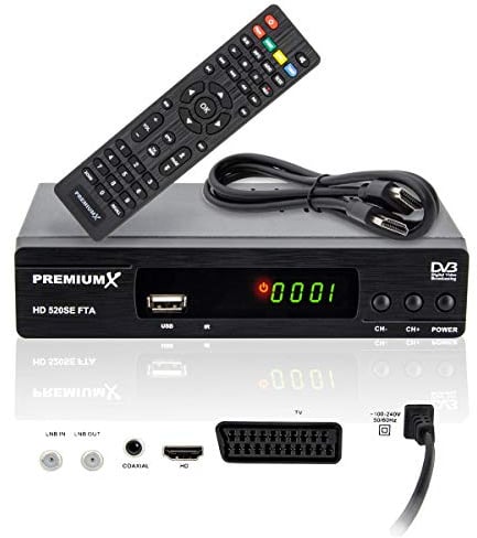 PremiumX Satelliten-Receiver HD 520SE FTA Digital SAT TV Receiver DVB-S2 FullHD HDMI SCART 2X USB Multimedia-Player, Astra Hotbird vorprogrammiert