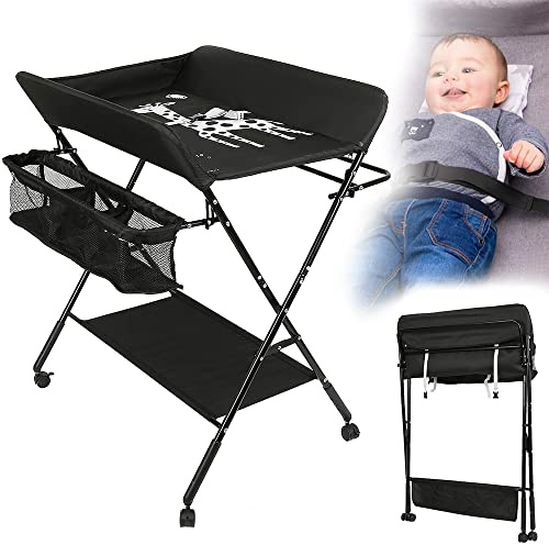 OHMG Wickeltisch Klappbarer und Tragbarer,Baby Wickelkombi,Höhenverstellbar,Klappbare Wickelkommode,Sicherheitsgurt und Ablagefächern(Schwarz)