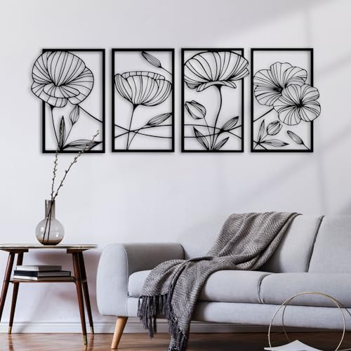 ESTART Dekor 4 Stück Metall Lotusblume Wanddekoration, Abstrakte Blumen Ästhetische Kunst, Minimalistische Hängende Wandskulptur für Wohnzimmer Schlafzimmer Büro Yogazimmer (Schwarz)
