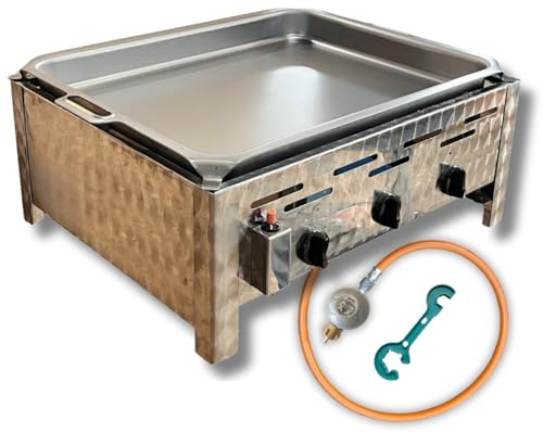 Gastrobräter 3-flammig mit Stahlblechpfanne, Gasbräter, Gastro Gasgrill, Tischgasgrill, Gasgrill Edelstahl, inkl. Gasschlauch, Druckminderer, Gasflaschenschlüssel, Edelstahlgehäuse, Piezozündung