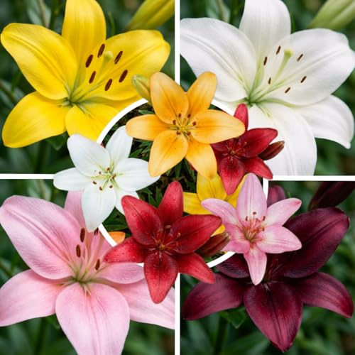 FLORIUM - Asiatische Lilien Zwiebel Kollektion, (15 Zwiebeln), 5 Sorten, winterhart Mischung riesenlilien aus Holland, mehrjährig Blumenzwiebeln für Töpfe und Balkone (keine Samen, nicht künstlich)
