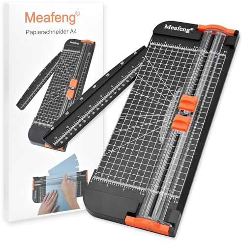 Meafeng® Papierschneider A4 mit 2 Klingen Papier Schneidemaschine Schneidegerät Papier Cutter mit Automatischer Sicherheit Schutz und Verlängerungslineal, Fotos und Etiketten (Schwarz)