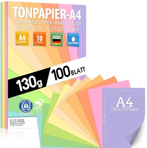 Pastell Tonzeichenpapier DIN A4 - 100 Blatt 130g - 10 Farben – Festes Papier - Farbige Blätter für Schule, Kinder & DIY , Bastel, Pastellfarben - BLAUER ENGEL zertifiziert - MADE IN GERMANY