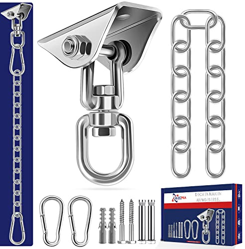 ALECPEA Deckenhaken 450kg 360° Edelstahl mit 40cm Kette 2 Karabiner | Hängesessel Halterung bis 450 kg – 360° drehbar, Edelstahl, mit 40cm Kette und 2 Karabinern für Beton und Holz