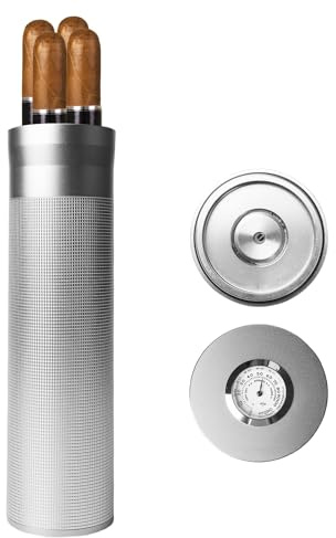 Tragbare Zigarren Humidor, Zigarren-Etui mit Hygrometer, Reise Zigarrenetui, Zigarren Etuis Röhre für 3 bis 4 Zigarren, Humidor Zigarren Edelstahl, Geschenk für Liebhaber Zigarrenliebhaber (Silver)