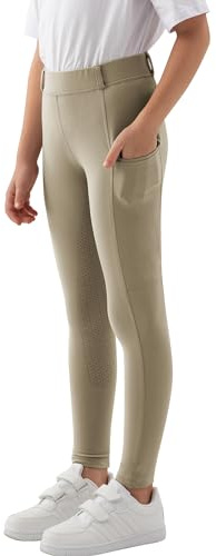MoFiz Kinder Reithose Mädchen Vollbesatz mit Silikon Kinder Reitleggings mit Reißverschlusstasche Khaki 140-158