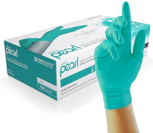 UNIGLOVES Green Pearl Nitril-Untersuchungshandschuhe - vielseitig einsetzbar, puderfreie und latexfreie Einweghandschuhe - Box mit 100 Handschuhen, Grün, Mittel (GP0043)