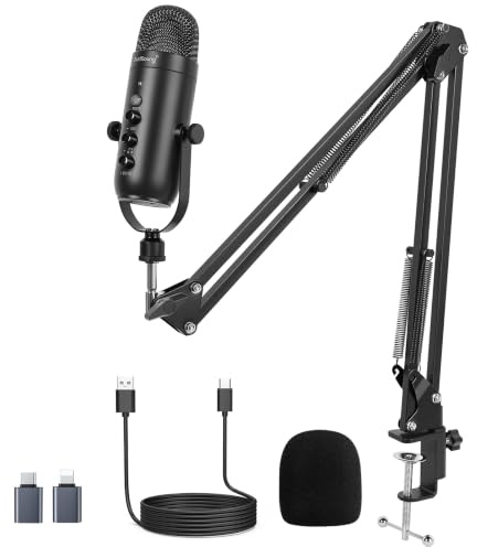 zealsound USB Mikrofon mit Arm, Kondensator Mikrofon für PC, iPhone & Handy | mit Noise Cancelling, Stummschalter & Gain-Regler, USB-C & Lightning-Adapter, für Podcast, Gaming, Streaming, ASMR, Aufnahme