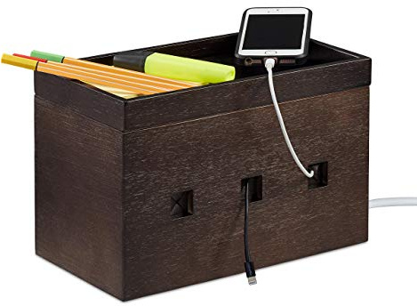 Relaxdays Kabelbox Bambus, Steckdosenleiste & Kabel verstecken, braun | Kabelmanagement Schreibtisch, HBT 16,5x25,5x14cm