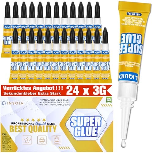 Sekundenkleber extra stark Flüssig 24 x 3 g，Universal alleskleber Mini Set | Kleber Mini-Tuben Präzise Anwendung, Transparent, Wasserfest,Schuhe, für Holz, Metall, Kunststoff, Keramik, Gummi, modellbau