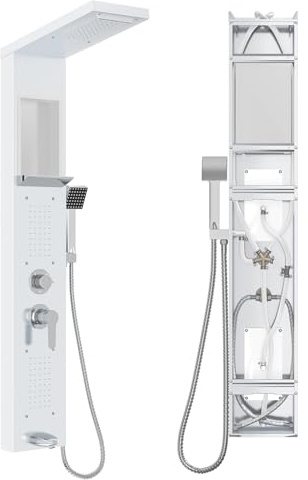 NAIZY Duschpaneel mit Armatur, 5 in 1 Duschsystem mit Eingebautes Regal Multifunktional Dusche Set inkl. Handbrause Massagedusche Wasserfalldusche Regendusche Armatur, 304 Edelstahl Duschset (Weiß)