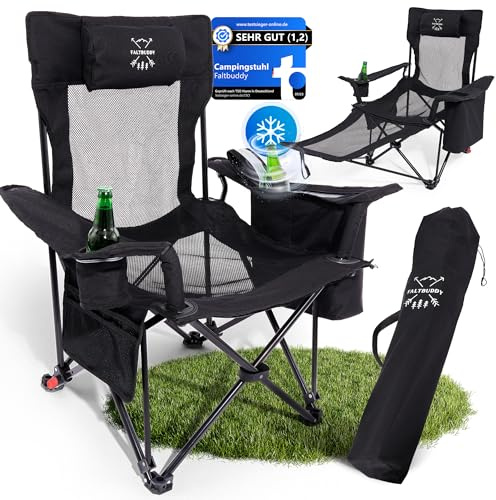 Faltbuddy® Campingstuhl faltbar & Liegestuhl klappbar 2in1 180Kg schwarz [XXL Kühltasche] Faltstuhl I Klappstuhl I Angelstuhl Campingliege Strandliege klappbar leicht - Angler Strand Festival Outdoor